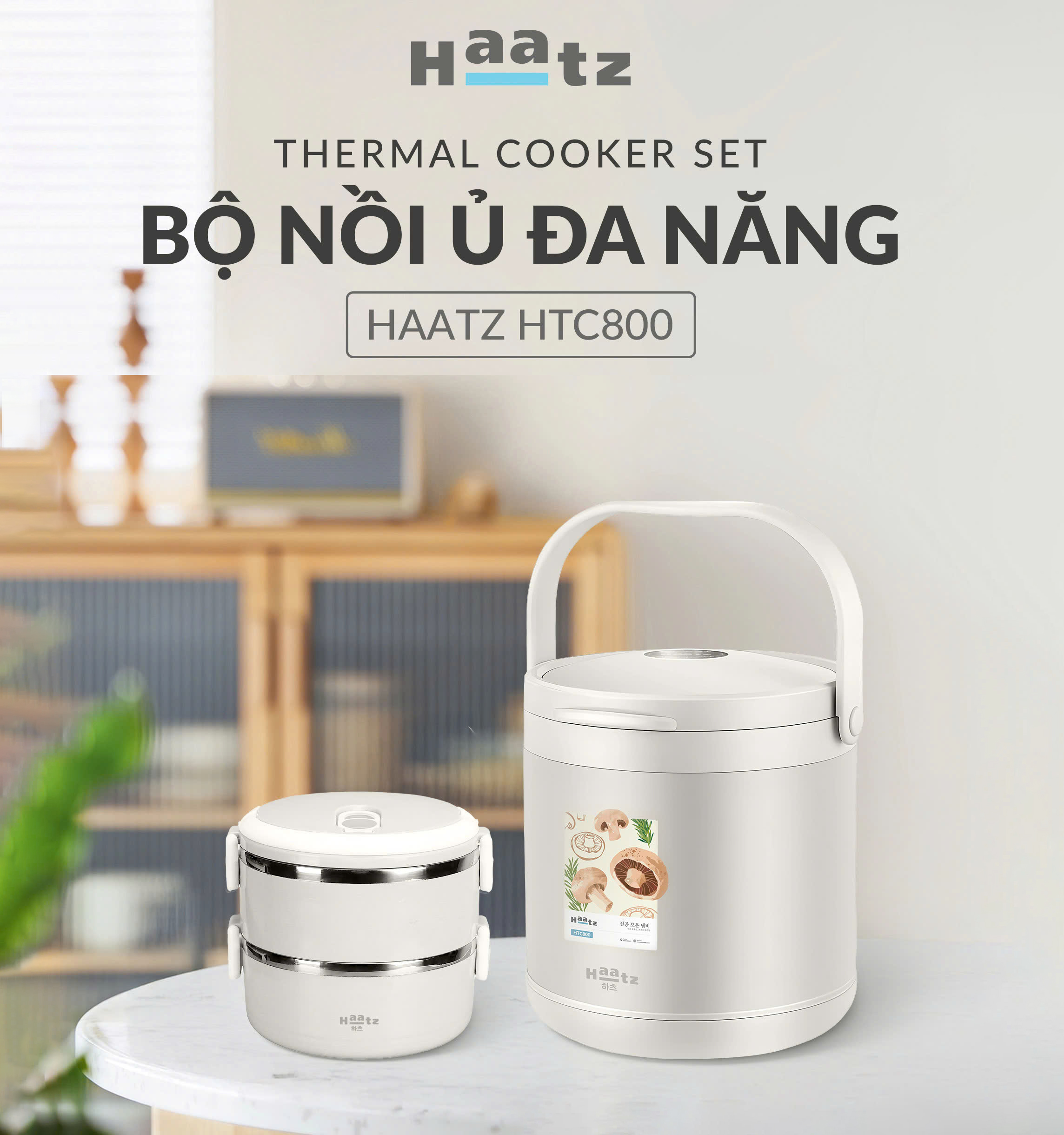 Nồi ủ chân không Haatz HTC800 tiết kiệm nhiên liệu, đun nấu an toàn và dinh dưỡng 4.5 lít tặng cặp lồng - Free ship