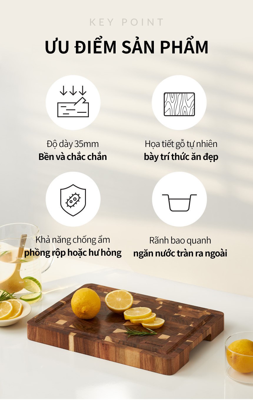 Thớt gỗ tràm LocknLock kích thước 350x250x35mm 1.9kg CKD076