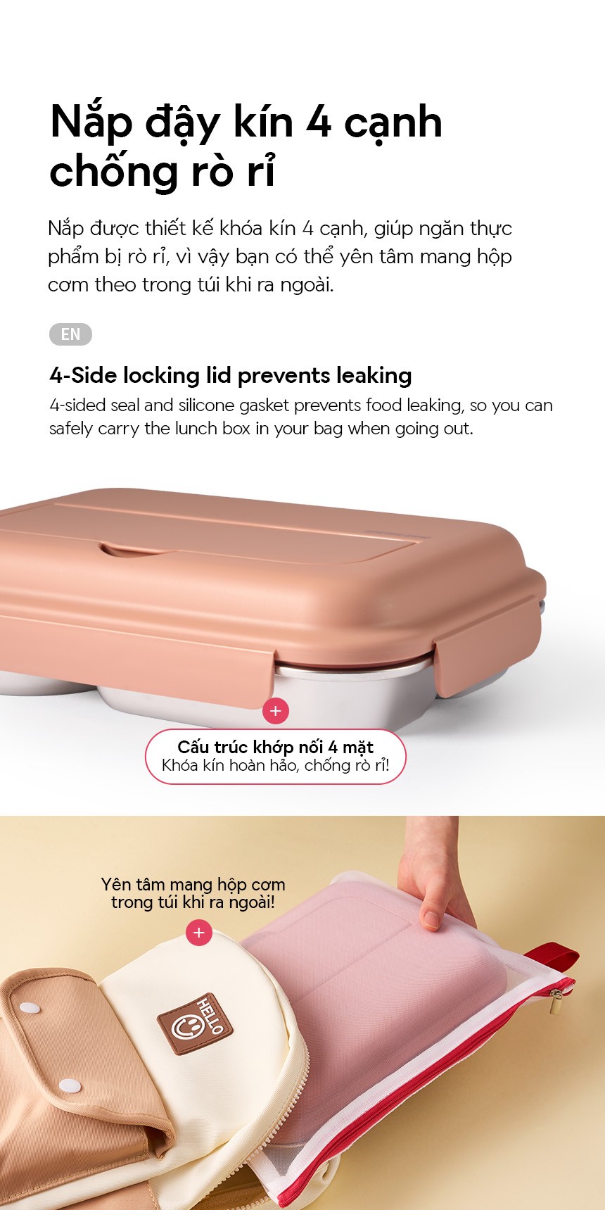 Hộp cơm inox 316L cho bé LocknLock Little Love LST980 1.05L kèm túi đựng và muỗng nĩa