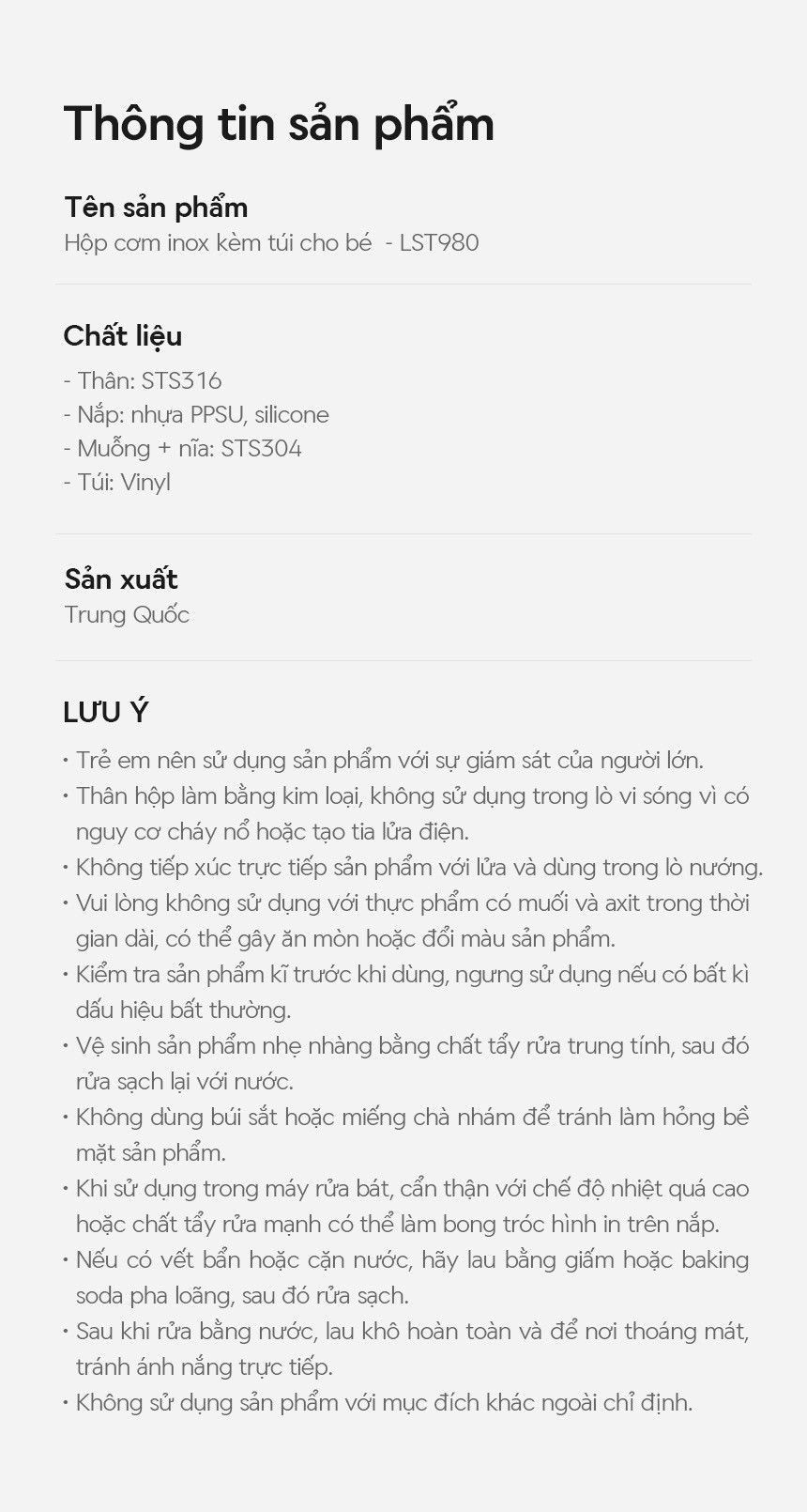 Hộp cơm inox 316L cho bé LocknLock Little Love LST980 1.05L kèm túi đựng và muỗng nĩa