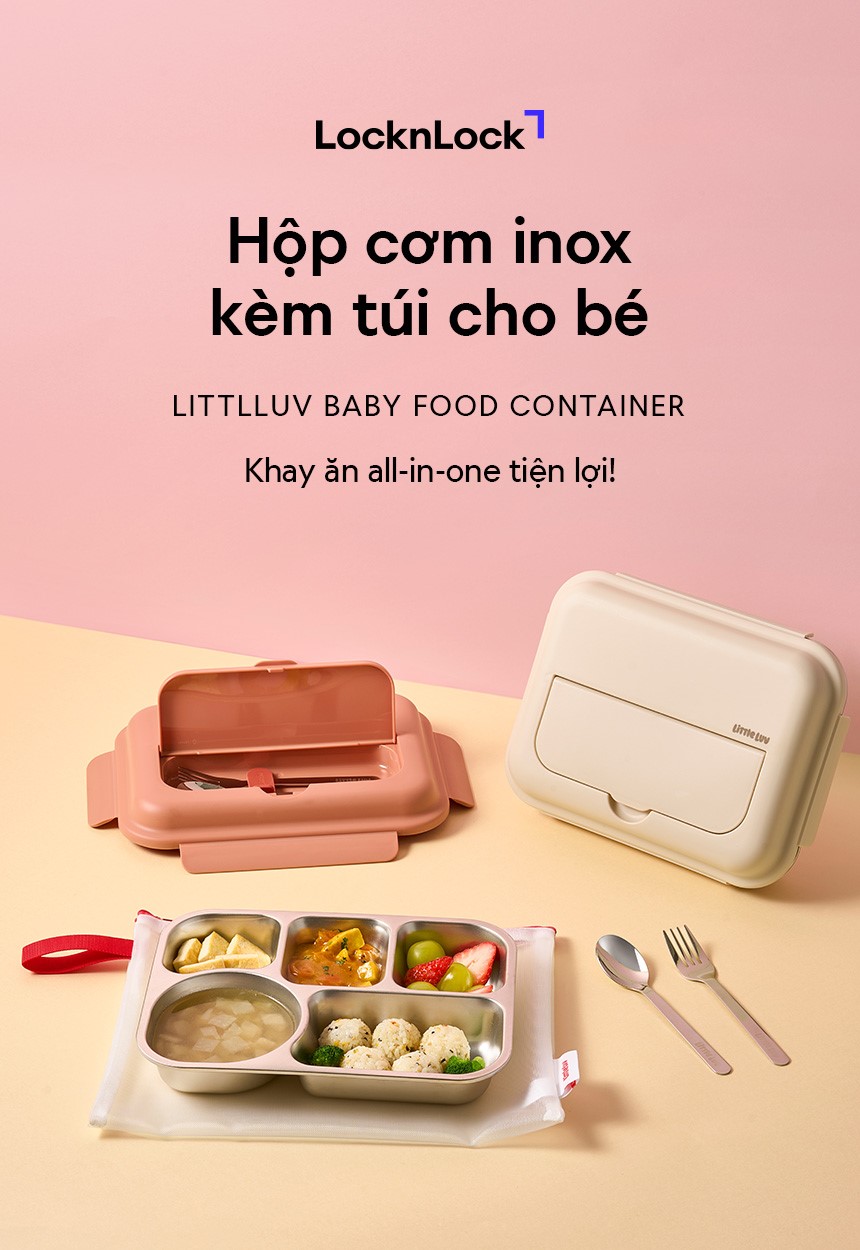 Hộp cơm inox 316L cho bé LocknLock Little Love LST980 1.05L kèm túi đựng và muỗng nĩa