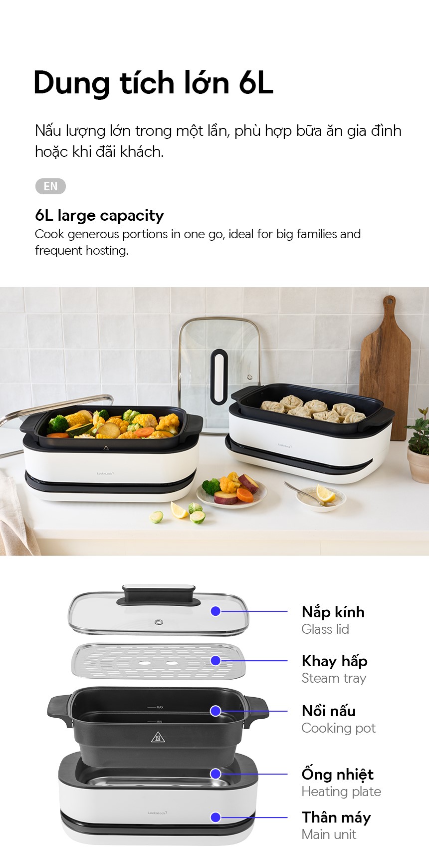 Nồi lẩu điện đa năng LocknLock Multicooker EJP261WHT dung tích 6 lít