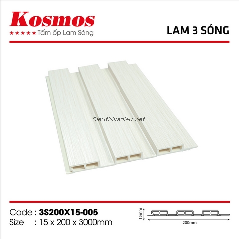 Lam nhựa 3 sóng Kosmos 3S200x15-005 vân gỗ màu trắng