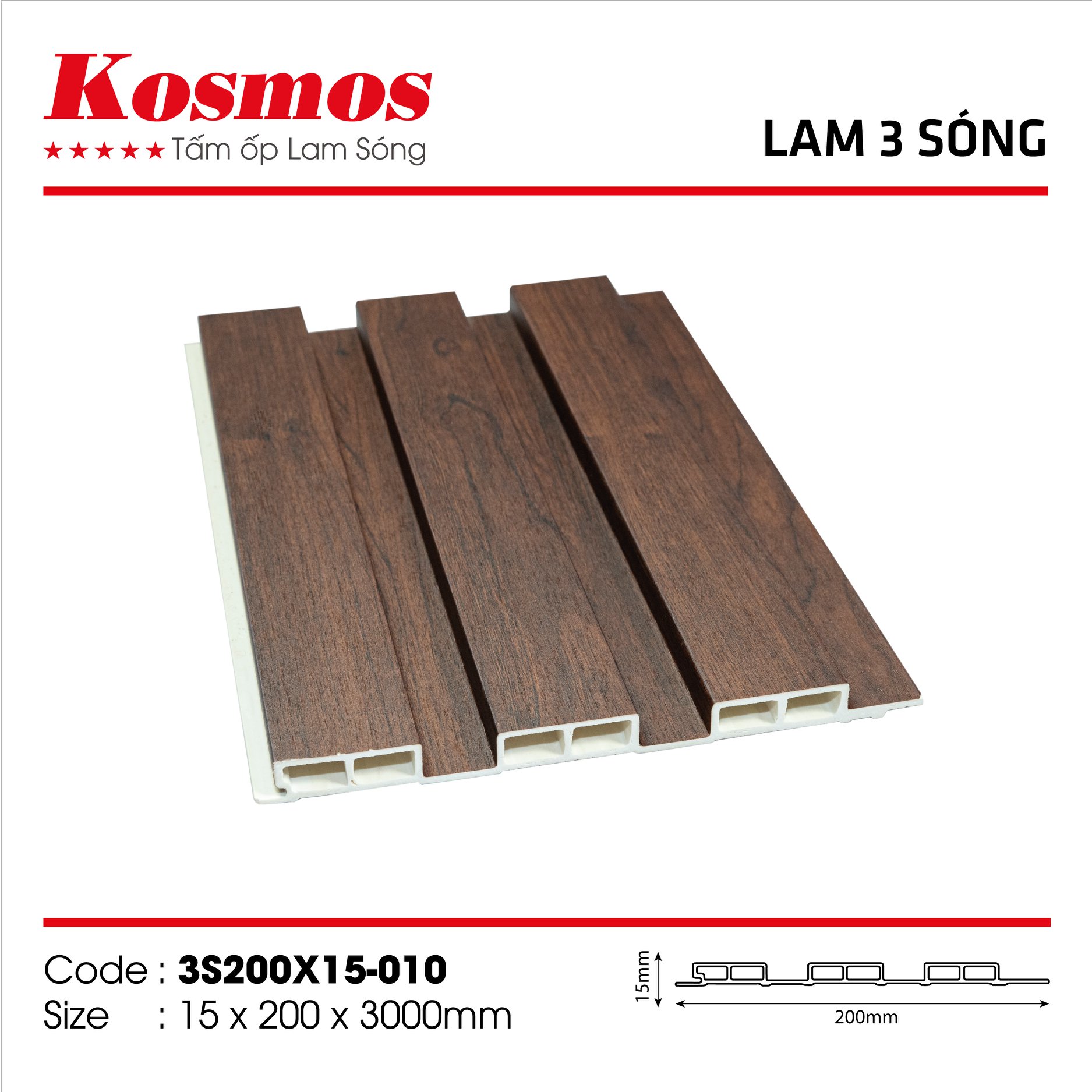 Lam nhựa 3 sóng Kosmos 3S200x15-010 vân gỗ màu nâu