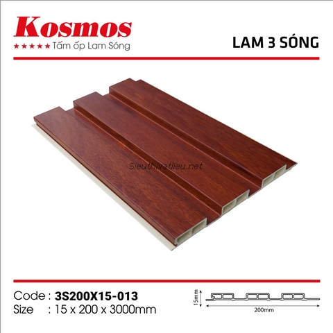 Lam nhựa 3 sóng Kosmos 3S200x15-013 vân gỗ màu nâu đỏ