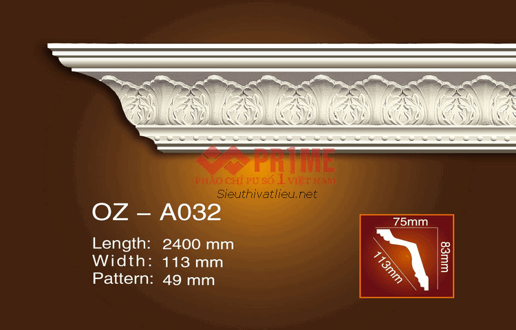 Phào cổ trần PU Prime OZ-A032 trắng hoa văn