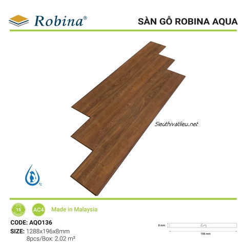 Sàn gỗ Malaysia Robina Aqua AQ0136 8mm chống nước tốt