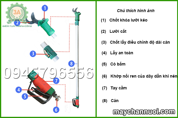 Cấu tạo chính của dụng cụ cắt cành trên cao 3A (loại sử dụng khí nén)