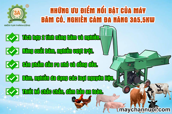 Máy nghiền ngô, băm cỏ chăn nuôi đa năng 3A5,5Kw có đặc điểm gì nổi bật?