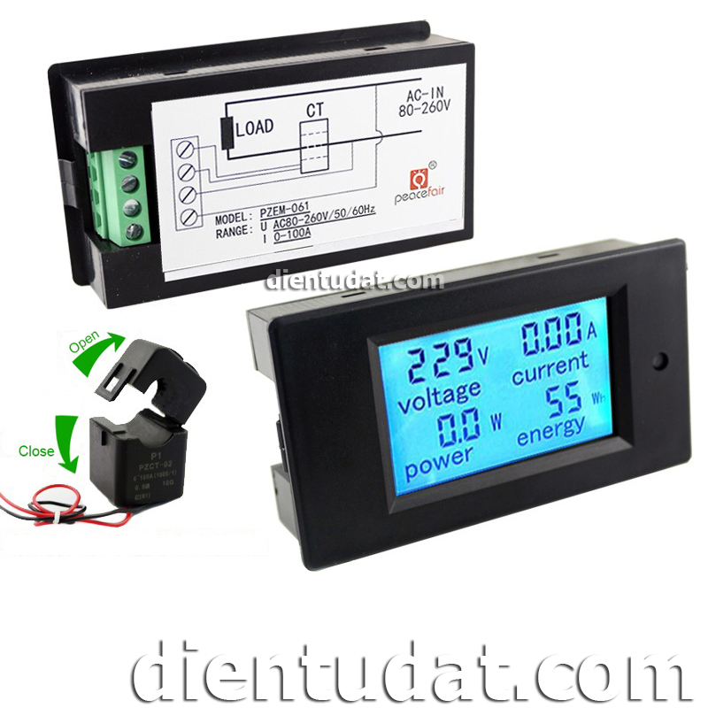 Bộ Đồng Hồ Đo Điện AC Đa Năng 100A PZEM-061 - Đóng Mở CT