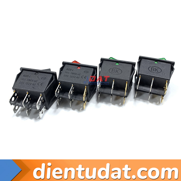 Công Tắc Bập Bênh Đôi 6 Chân KCD4 16A 31*25MM - 2 Đen  2 Đỏ/2 Xanh - có đèn 1 Xanh 1 Đỏ - có đèn