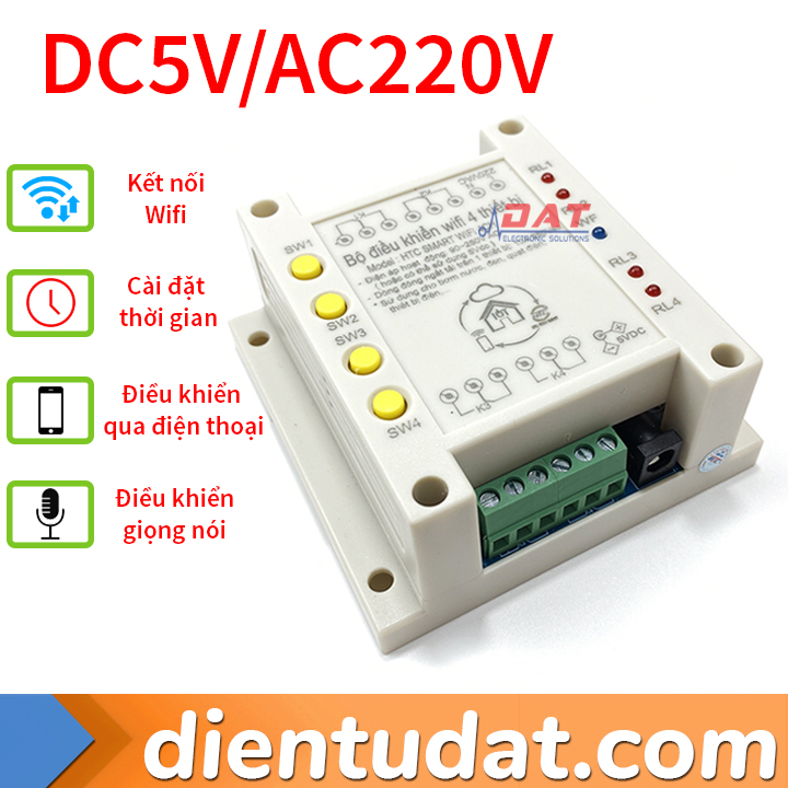 Công Tắc Điều Khiển 4 Thiết Bị Qua Wifi 5V 220V - App Smart Life