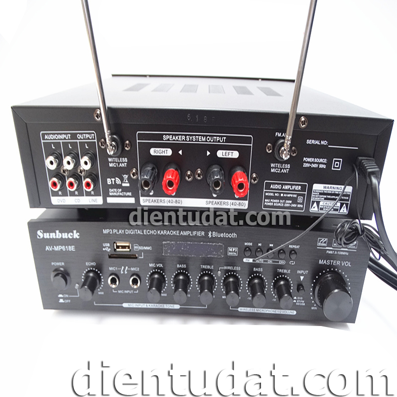 Bộ Ampli Karaoke Bluetooth 220VAC 2*100W Kèm 2 Micro Không Dây Sunbuck