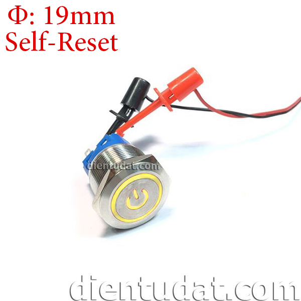 Nút Nhấn Nguồn Không Giữ 19mm 5 Chân - Vòng Đèn Vàng 12V