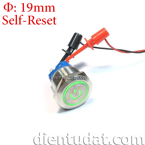 Nút Nhấn Nguồn Không Giữ 19mm 5 Chân - Vòng Đèn Xanh Lá 12V