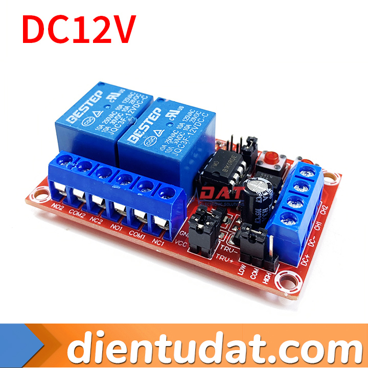 Module 2 Relay 12V Khóa Liên Động Kích Mức Cao Thấp Tích Hợp Nút Nhấn