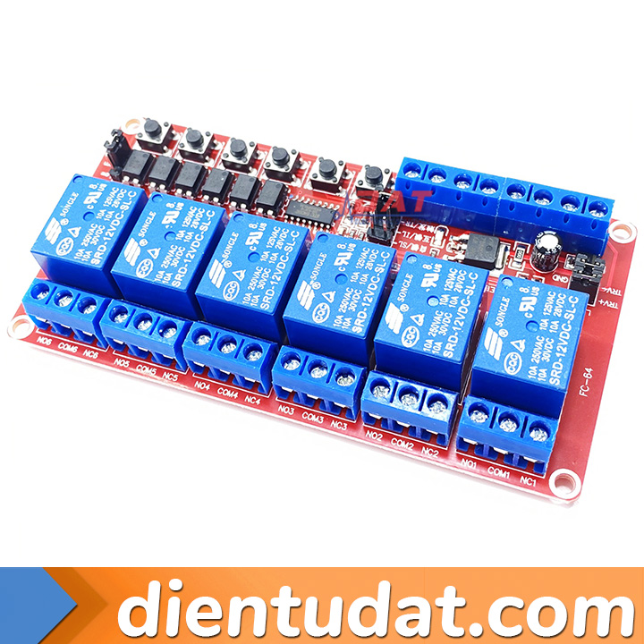 Module 6 Relay 12V Khóa Liên Động Kích Mức Cao Thấp Tích Hợp Nút Nhấn