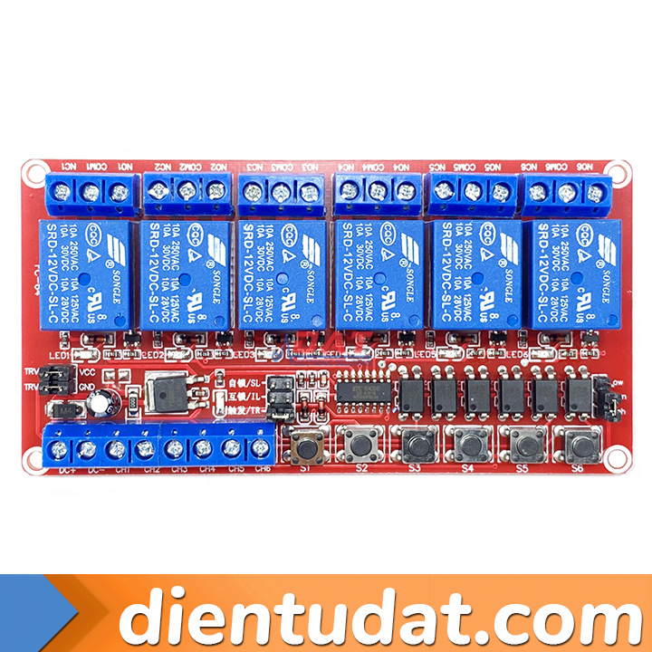 Module 6 Relay 12V Khóa Liên Động Kích Mức Cao Thấp Tích Hợp Nút Nhấn