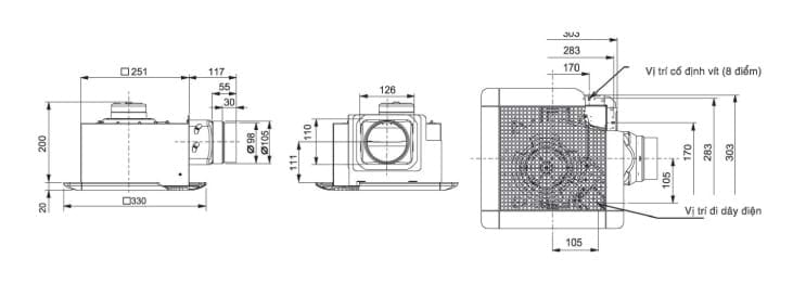 Kích thước và bản vẽ lắp đặt của Quạt hút âm trần có ống Mitsubishi VD-15Z4T5-D