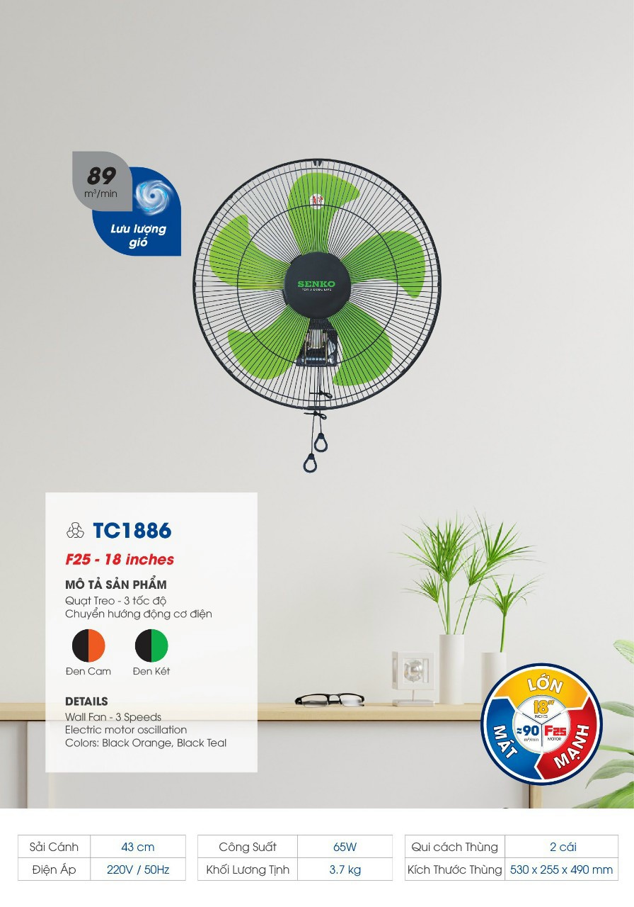 Quạt Treo Tường SENKO TC1886 ( đen cam ) | dienmayhmc.com