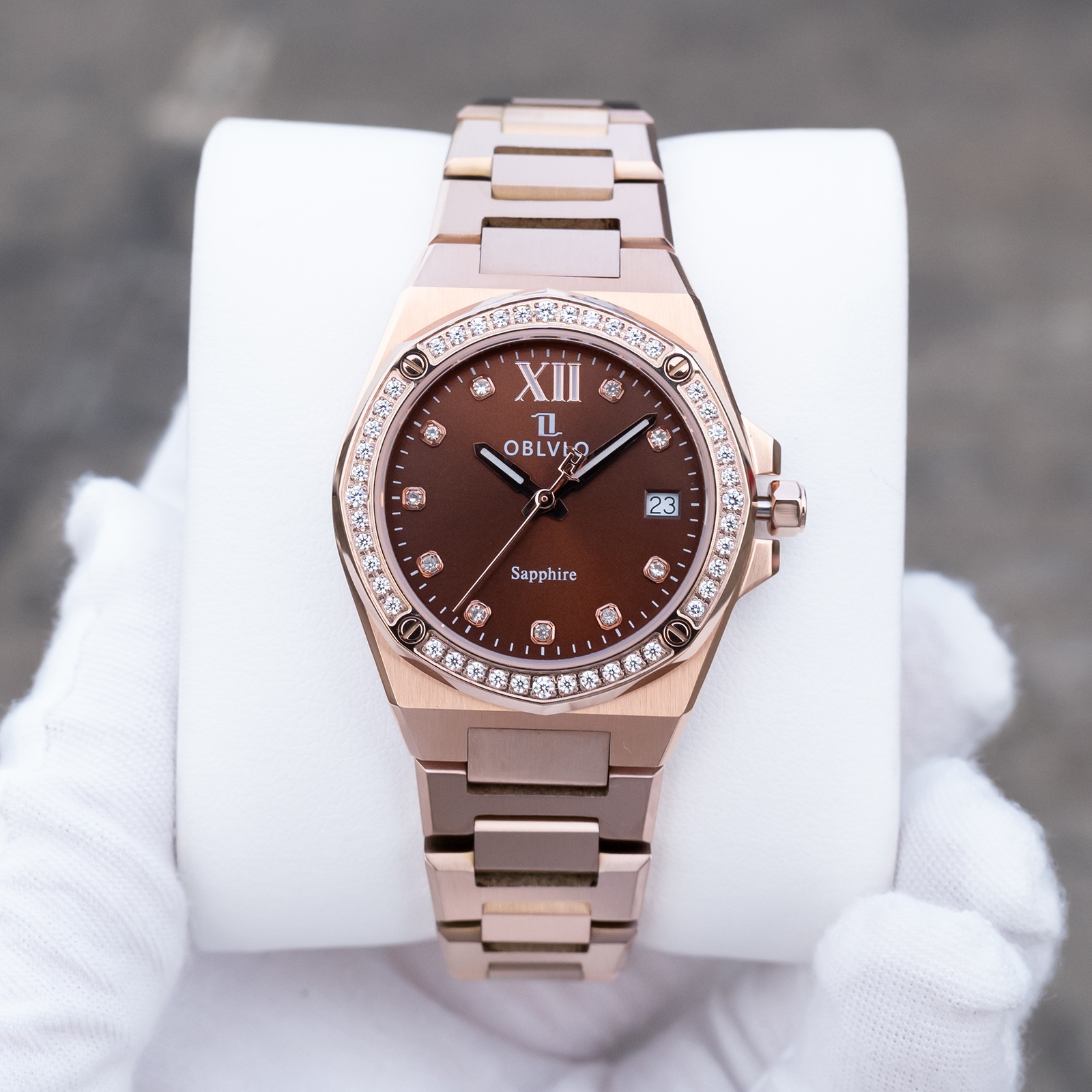 ĐỒNG HỒ CẶP ĐÔI OBLVLO AW-D-N SWISS QUARTZ MÀU NÂU ĐÍNH ĐÁ SANG TRỌNG