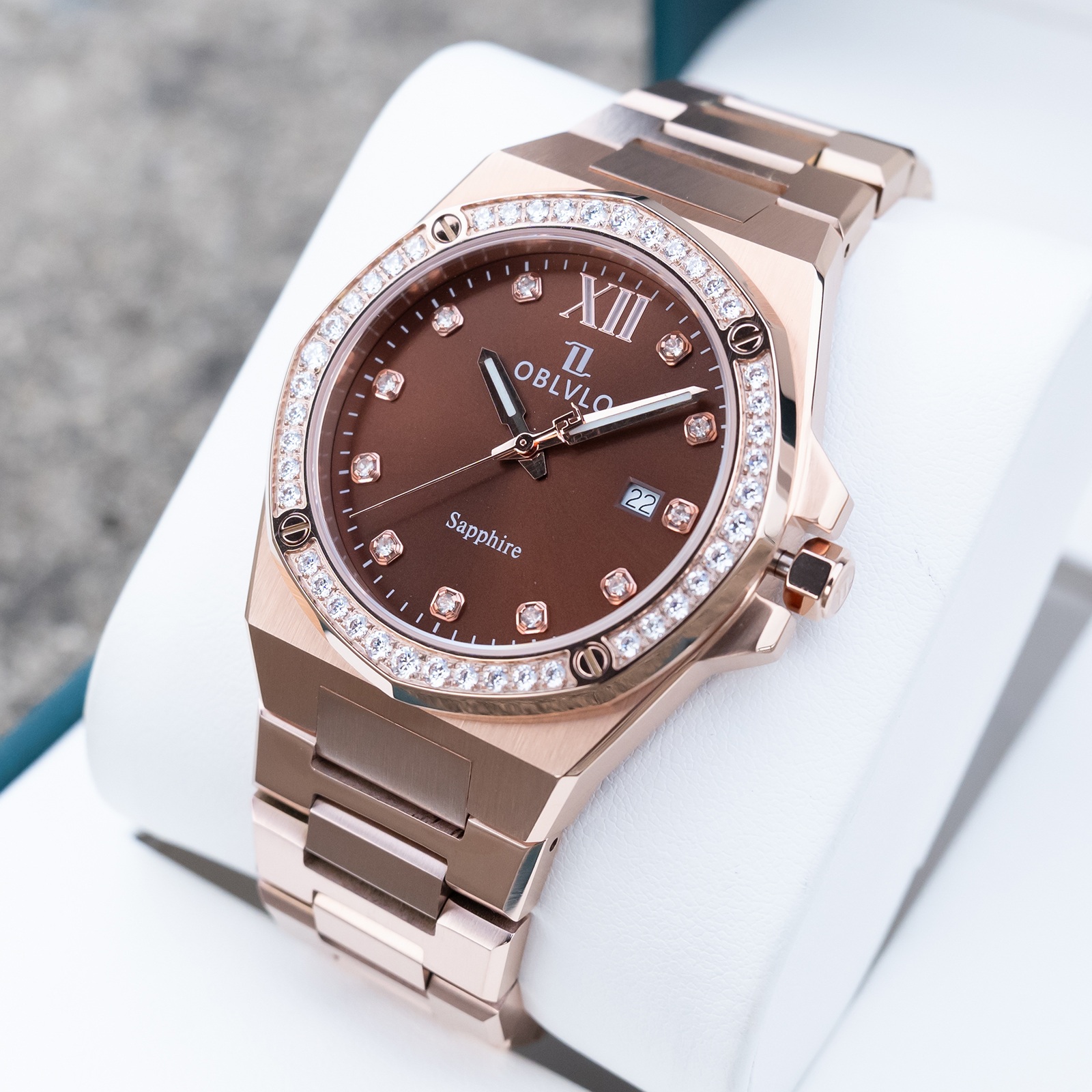 ĐỒNG HỒ CẶP ĐÔI OBLVLO AW-D-N SWISS QUARTZ MÀU NÂU ĐÍNH ĐÁ SANG TRỌNG