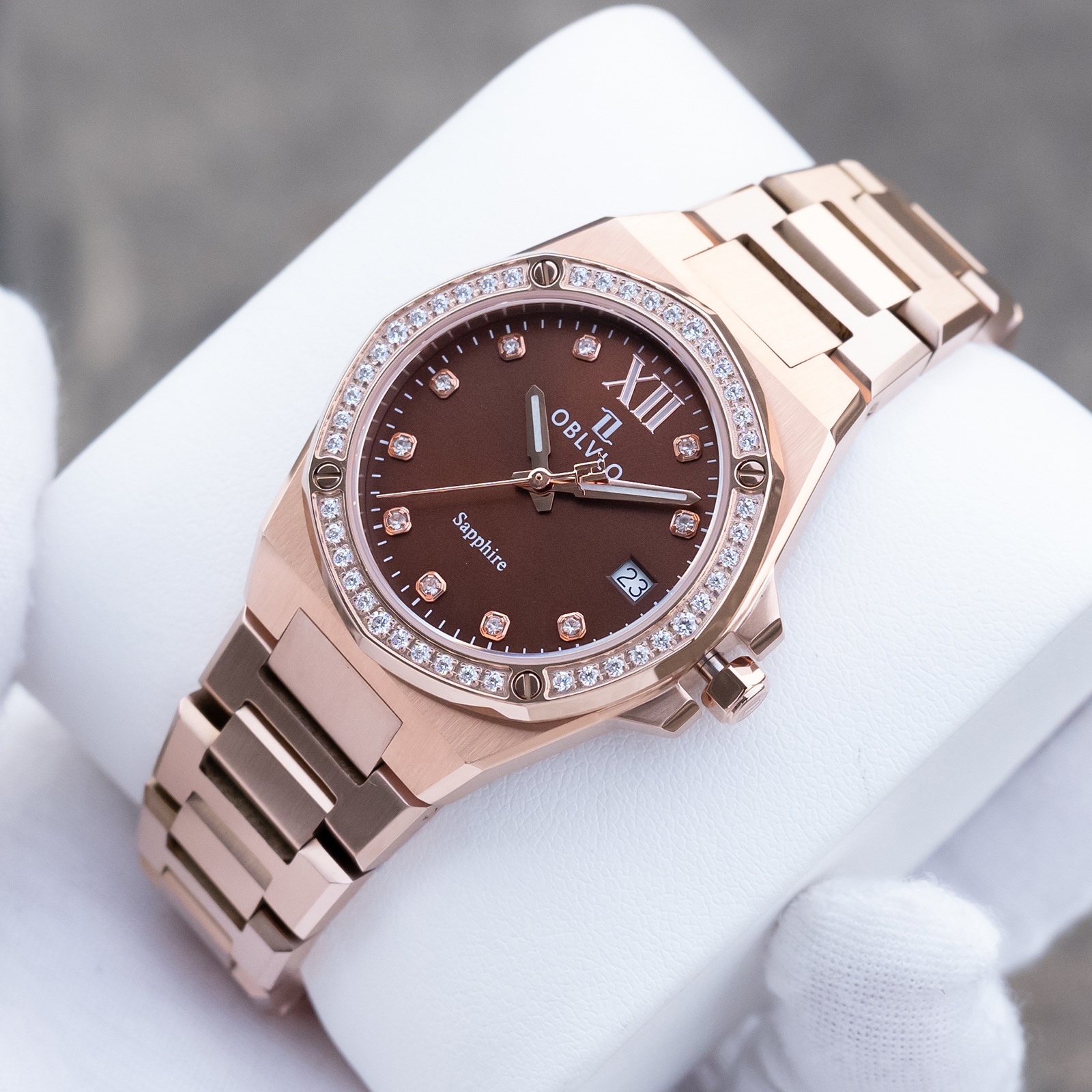 ĐỒNG HỒ CẶP ĐÔI OBLVLO AW-D-N SWISS QUARTZ MÀU NÂU ĐÍNH ĐÁ SANG TRỌNG