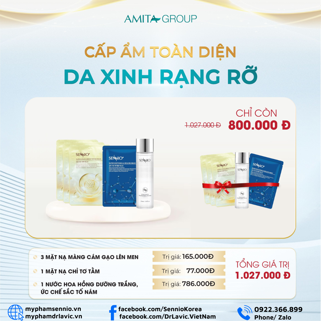 Bộ sản phẩm dưỡng da cấp ẩm toàn diện Sennio - Combo da xinh rạng rỡ nước hoa hồng mặt nạ dưỡng da