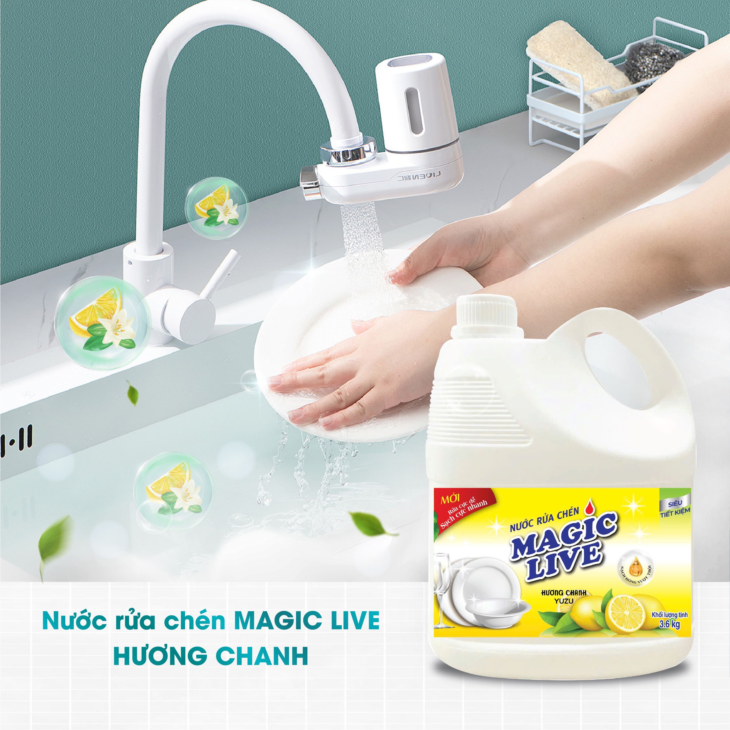 Nước rửa chén bát hương chanh sả Magic Live diệt 99% vi khuẩn, các mùi khó chịu