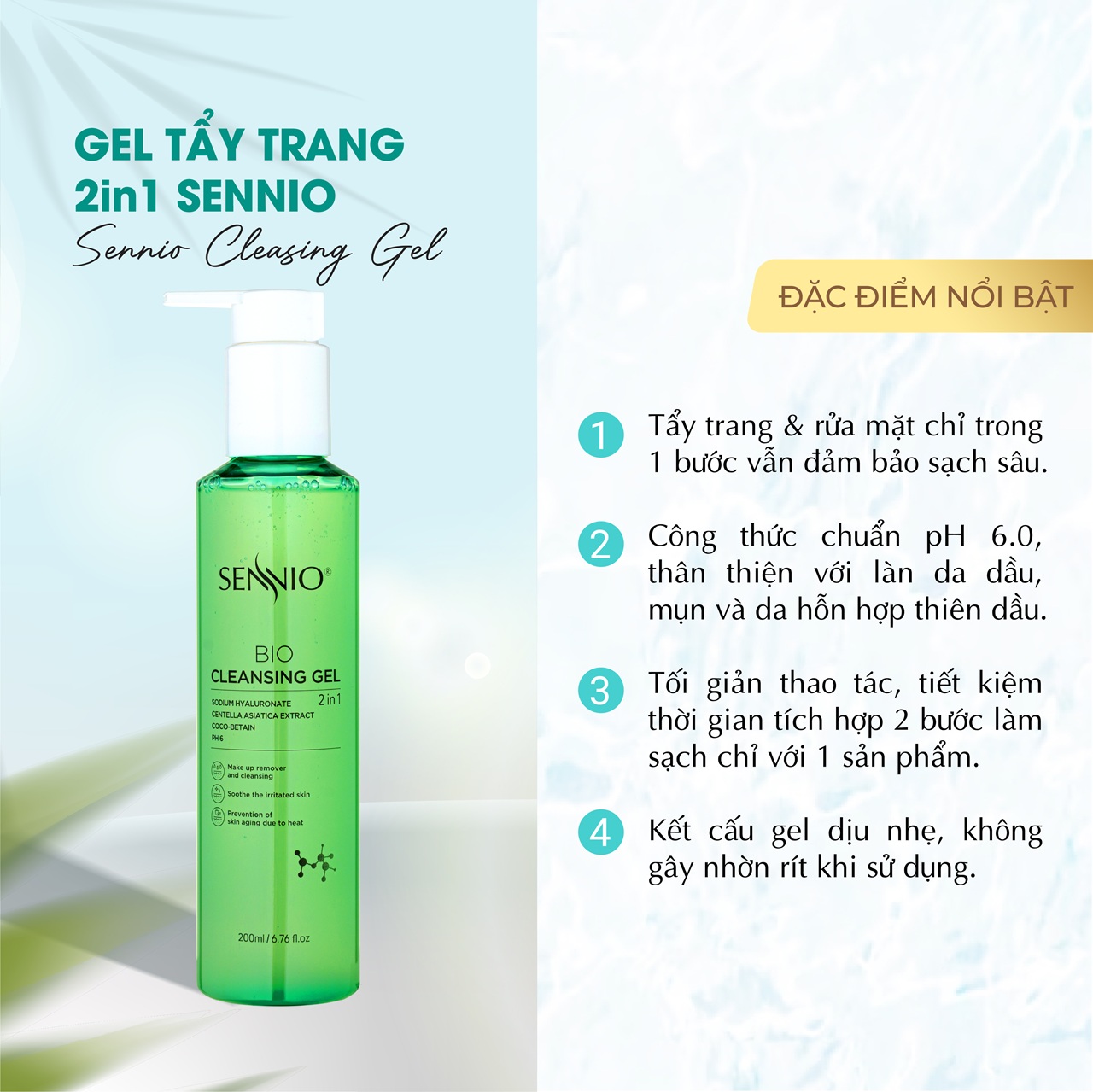 Gel tẩy trang kiêm tạo bọt rửa mặt 2in1 SENNIO Sạch sâu, sáng khoẻ da, ngừa mụn, cân bằng pH bảo vệ hàng rào da, giảm tiết dầu nhờn Dành cho da khô, nhạy cảm, da dầu SNO826