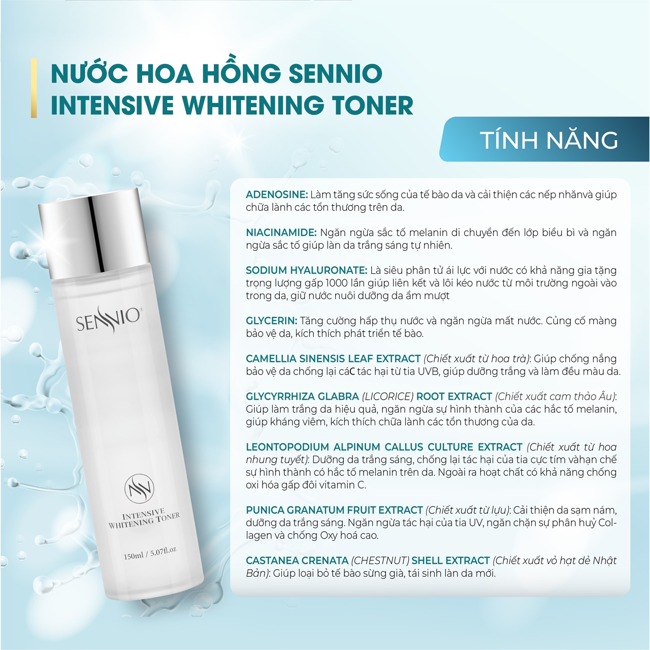 Nước hoa hồng dưỡng trắng và ức chế sắc tố - Sennio Intensive Whitening Toner - SNO831