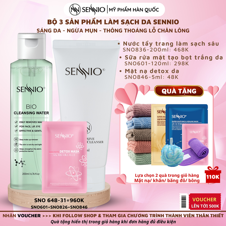 Bộ ba sản phẩm chăm sóc da làm sạch sâu bảo vệ hàng rào da, cân bằng pH cho da ngăn ngừa mụn Sennio Dành cho da khô, nhạy cảm, da dầu SNO 648-31