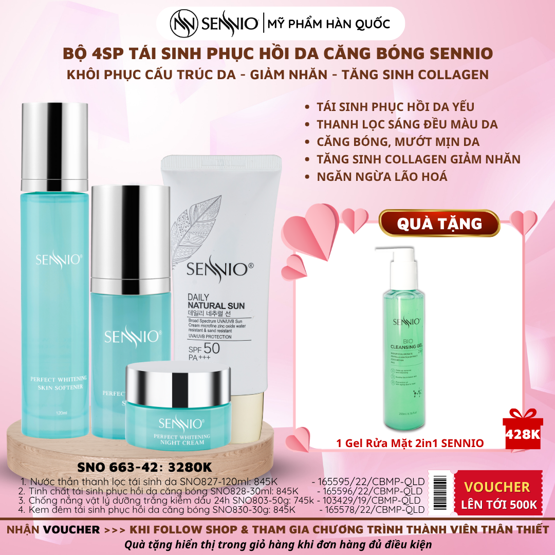 Bộ 4 sản phẩm tái sinh phục hồi da căng bóng sennio khôi phục cấu trúc da - giảm nhăn - tăng sinh collagen Sennio - SNO 663-42