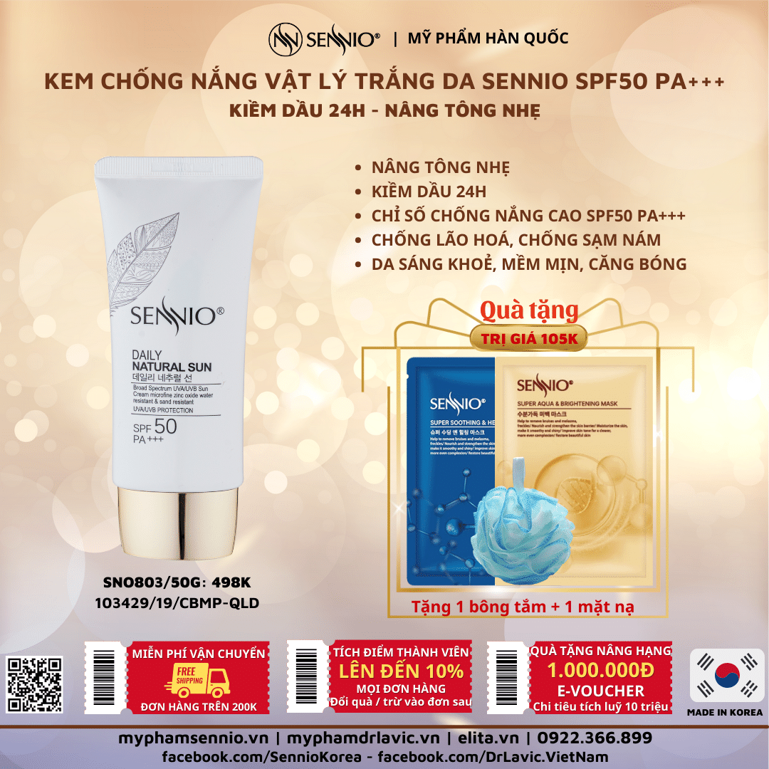 KEM CHỐNG NẮNG DƯỠNG DA, KIỀM DẦU SENNIO - Sennio daily natural cream SPF50 PA+++ SENNIO SNO 803