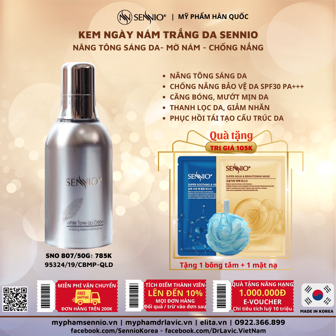 KEM NGÀY GIẢM THÂM NÁM, DƯỠNG TRẮNG NÂNG TÔNG DA SENNIO - Sennio Whitening tone up cream - SENNIO SNO 807