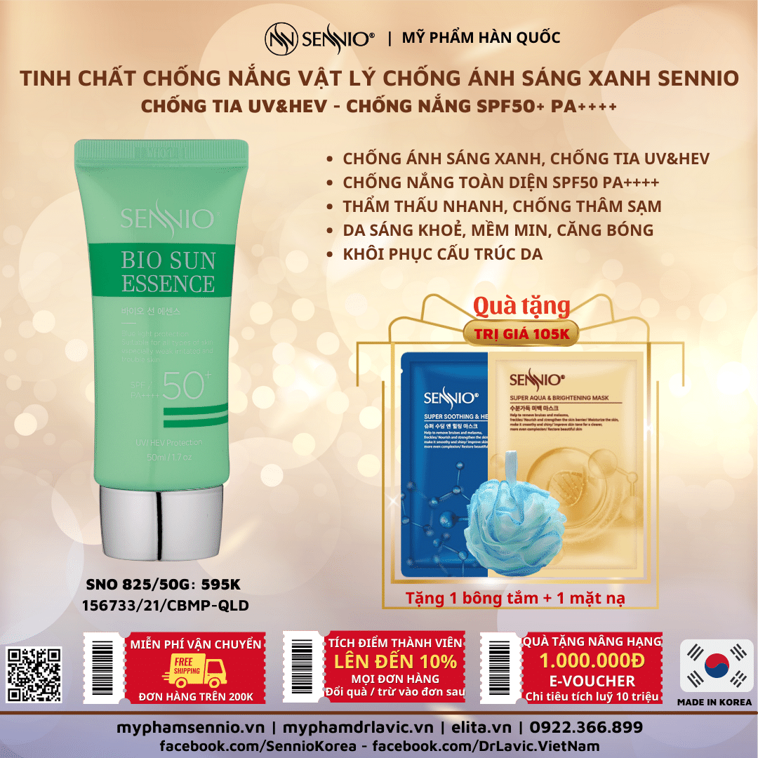 TINH CHẤT CHỐNG NẮNG CHỐNG ÁNH SÁNG XANH SENNIO - Sennio Bio Sun Essence SPF50 PA+++  SNO 825
