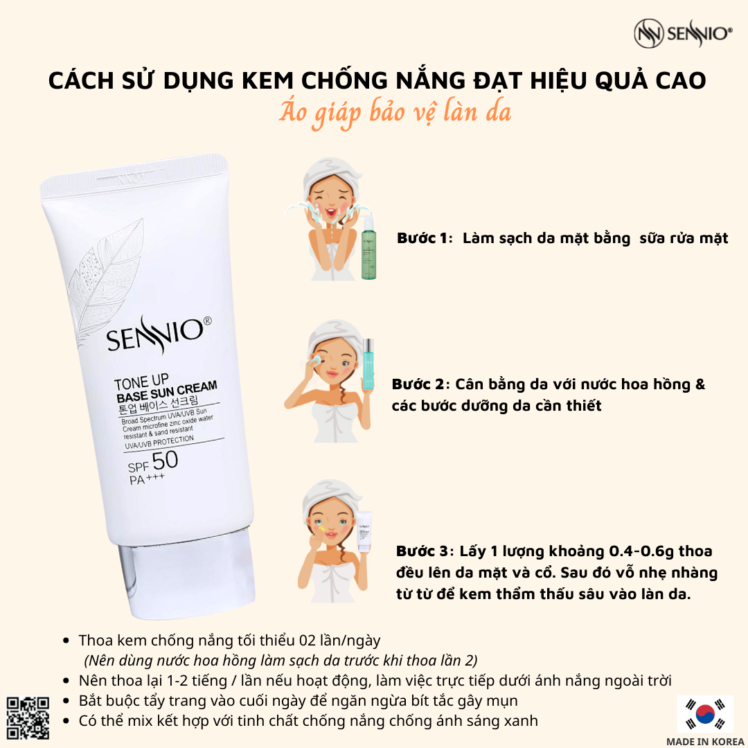 KEM CHỐNG NẮNG KIỀM DẦU, NÂNG TÔNG SENNIO - Sennio Tone Up Base Sun Cream SPF50 PA+++  SENNIO SNO 802