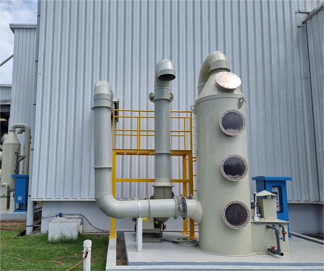 Tháp hấp thụ khí thải bằng dung dịch kiềm/axit.