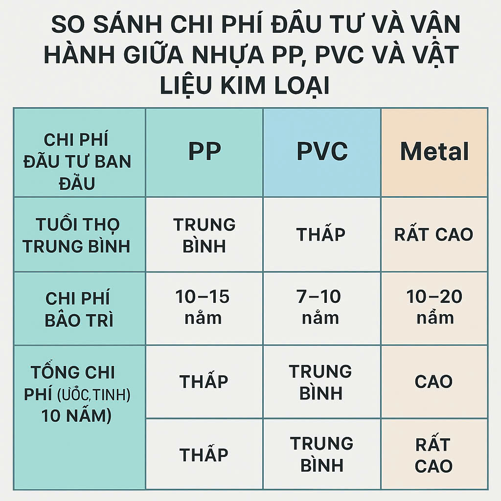 So sánh chi phí đầu tư và vận hành giữa nhựa PP, PVC và vật liệu kim loại (inox, thép mạ kẽm)