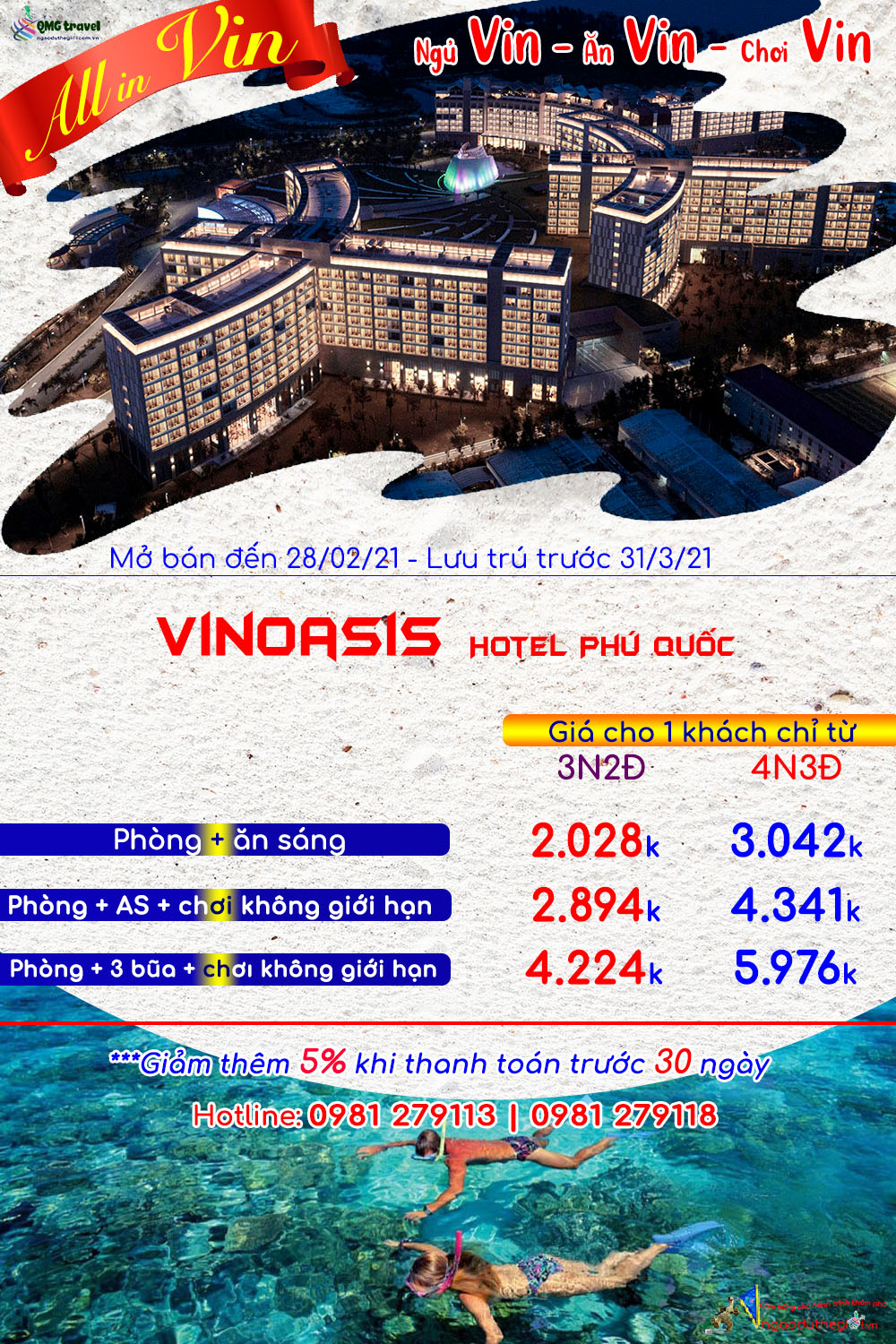 Combo VINPEARL OASIS PHÚ QUỐC 3 ngày 2 đêm, 4 ngày 3 đêm giá rẻ