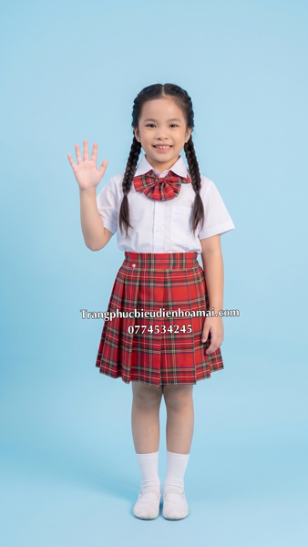 Đồng phục nữ MN, C1 - Sơ mi trắng đỏ caro (Nơ)