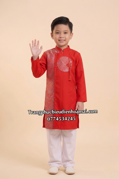 Áo dài nam C1 - Đỏ đáp gấm ô tròn