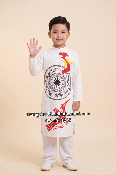 Áo dài nam C1 - Trắng bản đồ VN