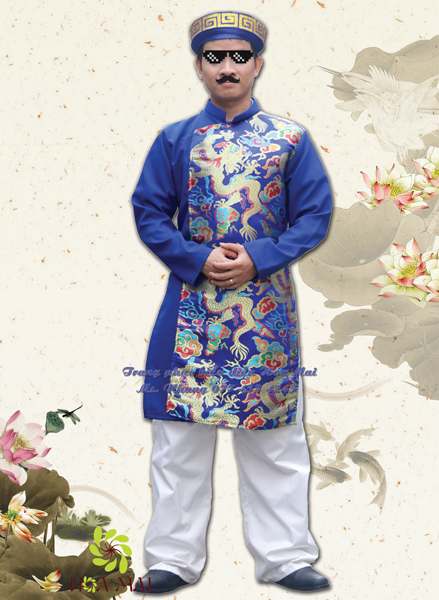Áo dài nam hiện đại - Xanh dương phối gấm