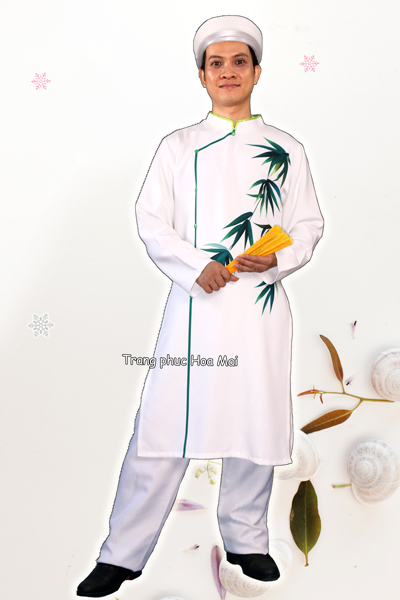 Cho thuê áo dài nam cách tân trắng cành trúc vải cao cấp đẹp, chất lượng, giá tốt