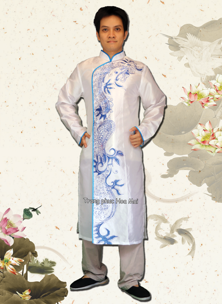 Áo dài nam cách tân - Trắng xanh dương k/t