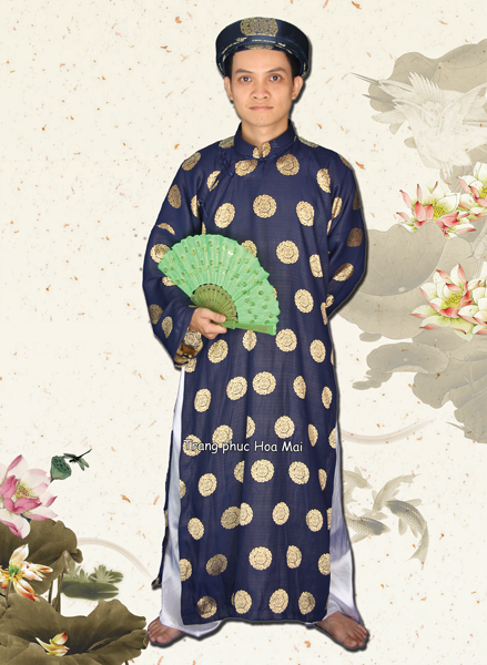Áo dài nam truyền thống - Xanh đen gấm đồng tiền