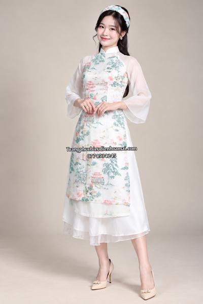 Áo dài nữ cách tân - Trắng ren 2 lớp