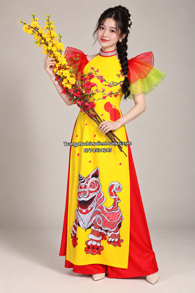 Áo dài nữ cách tân - Vàng đỏ xếp ly