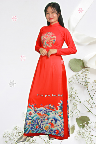 Áo dài nữ truyền thống - Đỏ in lập thể